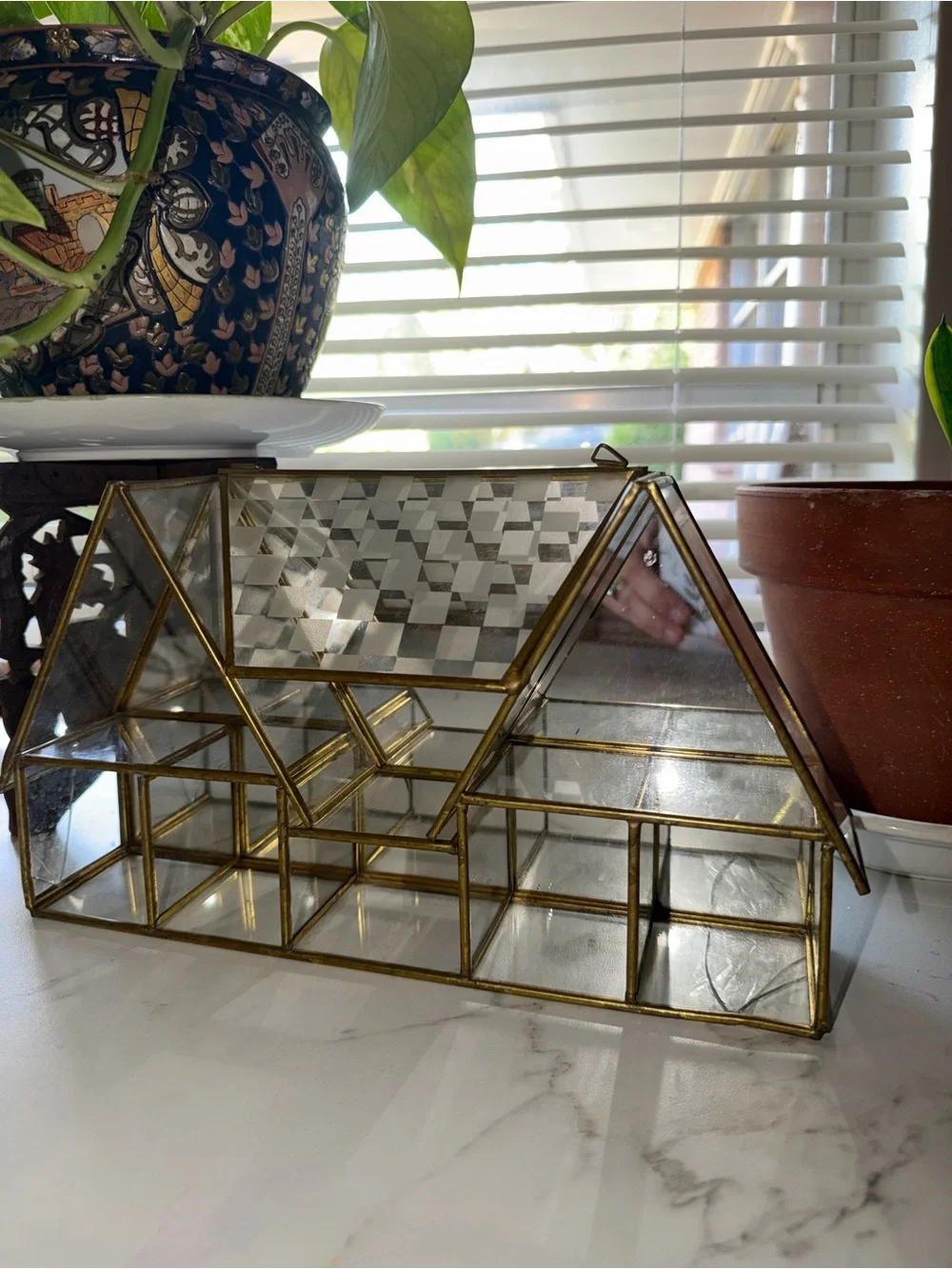 Vintage MCM Glass and Brass Tiered House Trinket Shelf - Gold